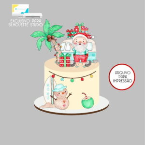 470 - Arquivo Topo de Bolo Natal Papai Noel Aquarela Praia
