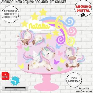 Arquivo de Corte de Topo de Bolo Unicórnio Aquarela #915