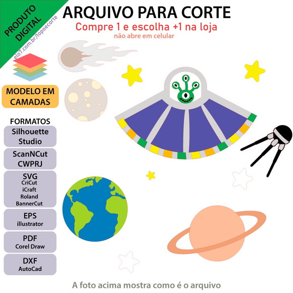 ARQUIVO Topo de bolo Alien Na Nave +1 arquivo da loja
