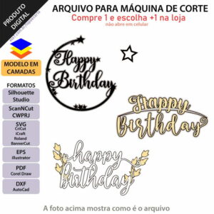 Arquivo Topo de Bolo Happy Birthday Folhas +1 Arquivo D Loja