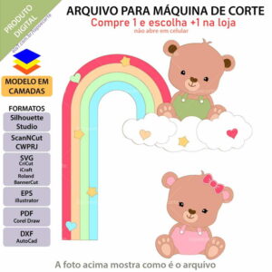 Arquivo Topo de Bolo Ursinhos Arco-íris Nuvens +1 Arquivo