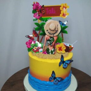 Topo de Bolo Tardezinha Floral na Praia + 4 Arquivos Brindes