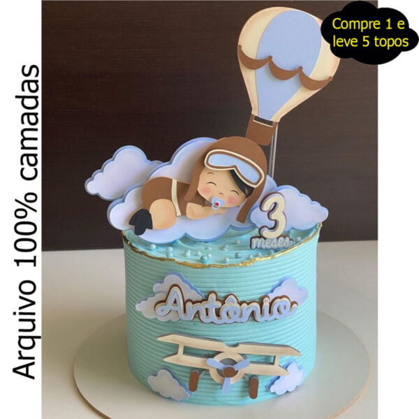447 - Topo de bolo bebê aviador - arquivo de corte