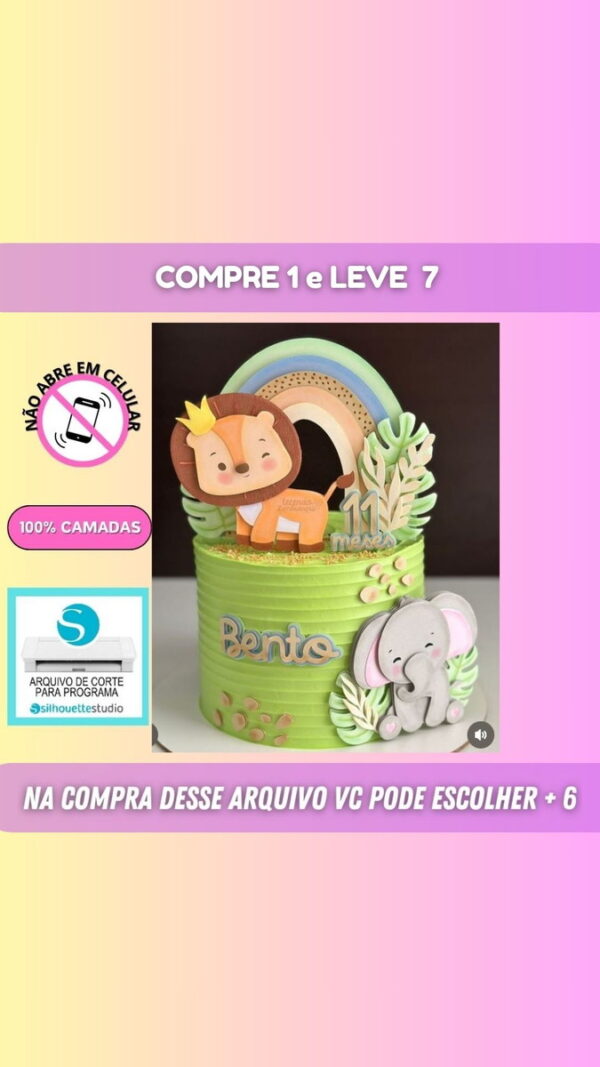 Arquivo de Corte Topo Bolo Leão e Elefante +6 Brindes #sf10