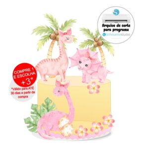 Arquivo de Corte Topo de Bolo Dinossauro Rosa Aquarelado