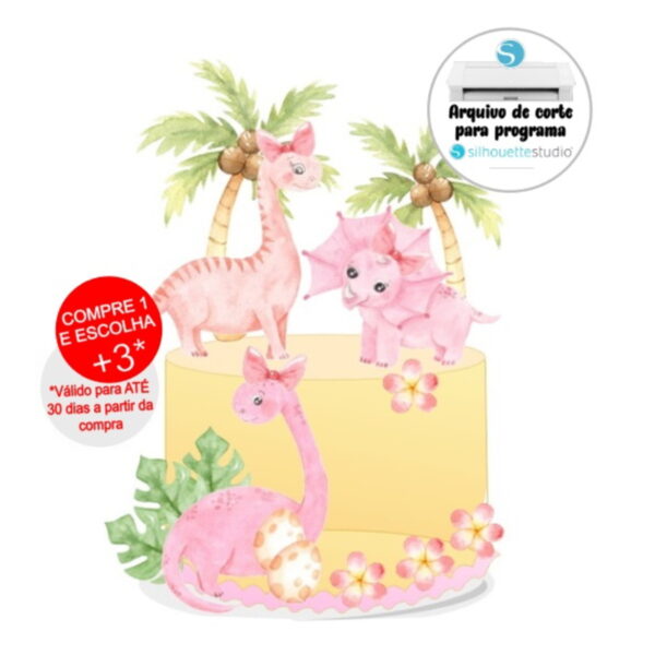 Arquivo de Corte Topo de Bolo Dinossauro Rosa Aquarelado