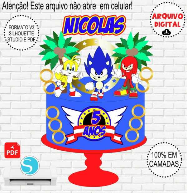 Arquivo de Corte Topo de Bolo Sonic em Camadas V3 e pdf #938