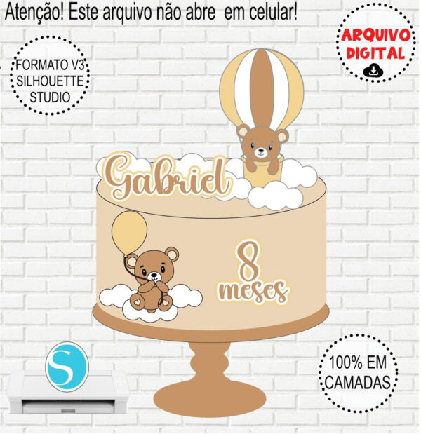 Arquivo de Corte Topo de Bolo Ursinho Balão em Camadas #846