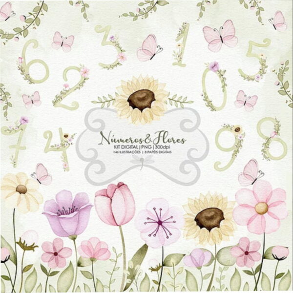 Arquivo Digital Números e Flores Aquarela