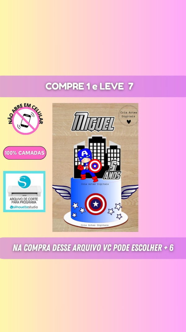Arquivo Digital Topo para Bolo Capitão América+ 6 (brindes)