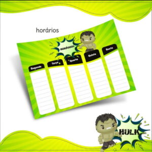 Arquivo Prancheta Horários Escolar Homem de Hulk PDF PNG