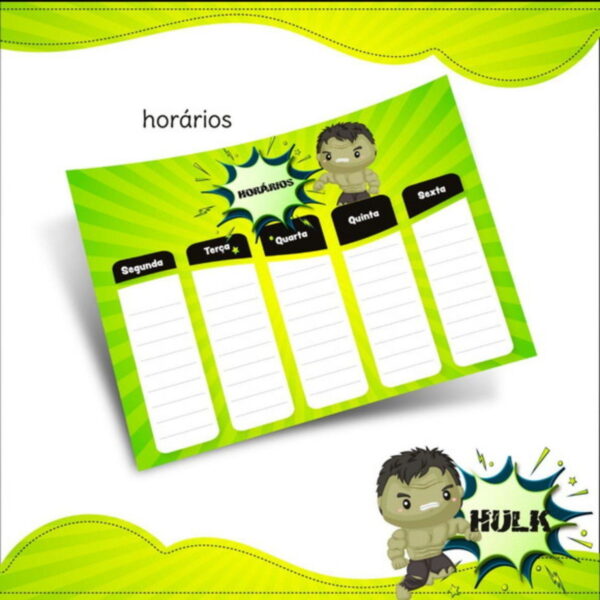 Arquivo Prancheta Horários Escolar Homem de Hulk PDF PNG