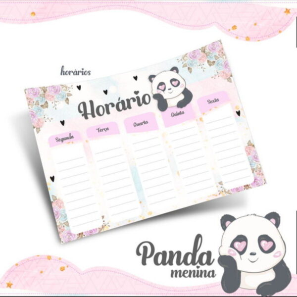 Arquivo Prancheta Horários Escolar Panda Menina PDF PNG