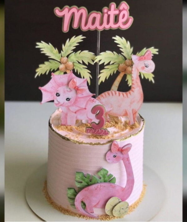 Arquivo Topo de Bolo Dinossauro Aquarelado Rosa *Studio - Image 3