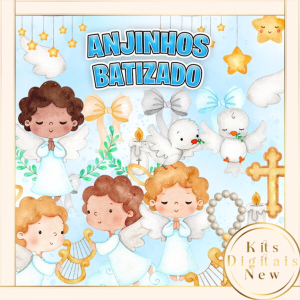 Batizado Anjinhos Aquarela Azul Kit Digital