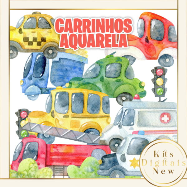Carrinhos Carros Aquarela Kit Digital