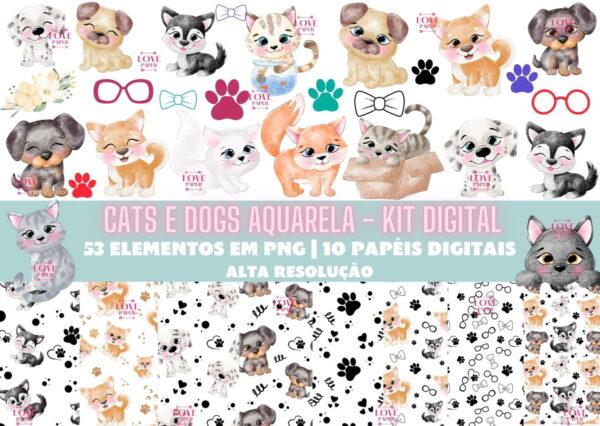 Cats e Dogs Aquarela - Kit Digital