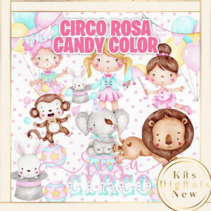 Circo Rosa Candy Color Aquarela Kit Digital