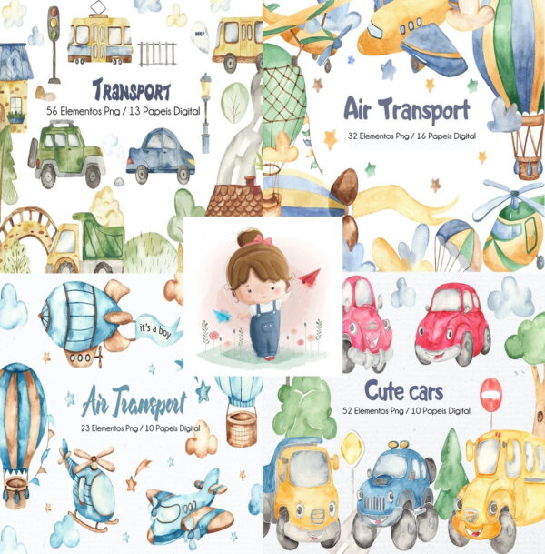 Combo - 4 Kits Meio De Transporte Aquarela