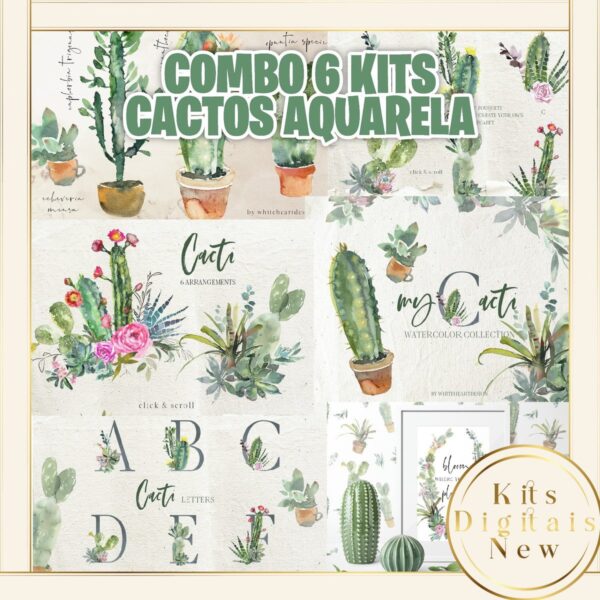 Combo 6 Kits Cactos Aquarela Kit Digital