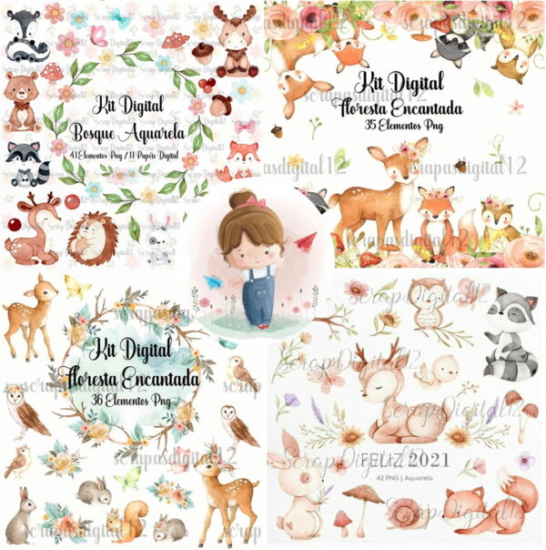 Combo - 7 Kits Digital Bosque Aquarela