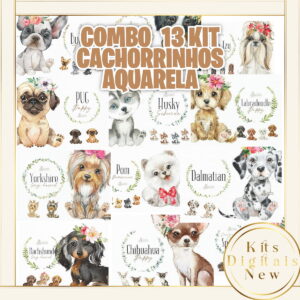 Combo 13 Kits Cachorrinhos Cachorro Aquarela Kit Digital
