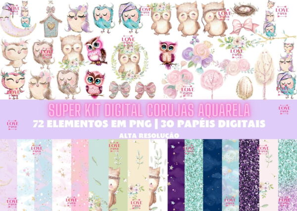 Super Kit Digital Corujas Aquarela
