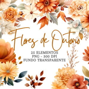 Flores de Outono em Aquarela Png Cliparts | 25 Elementos