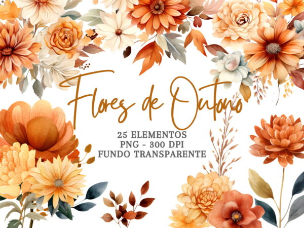 Flores de Outono em Aquarela Png Cliparts | 25 Elementos