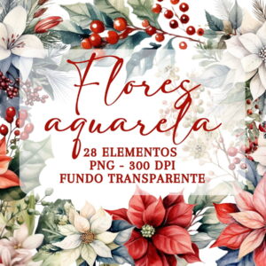 Flores Natalinas em Aquarela Png Cliparts | 28 Elementos
