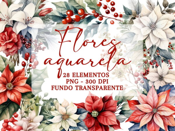 Flores Natalinas em Aquarela Png Cliparts | 28 Elementos