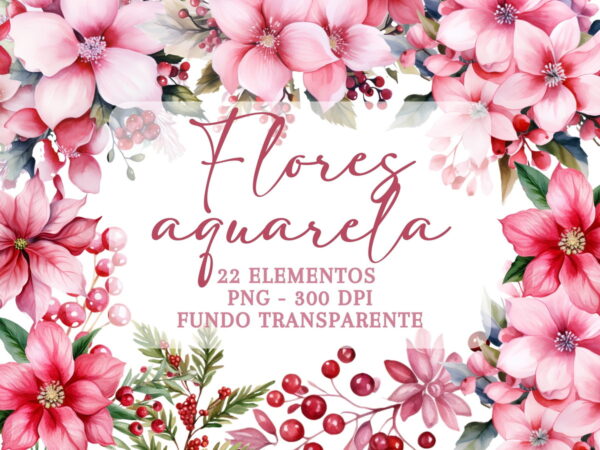 Flores Pink em Aquarela Png Cliparts | 22 Elementos