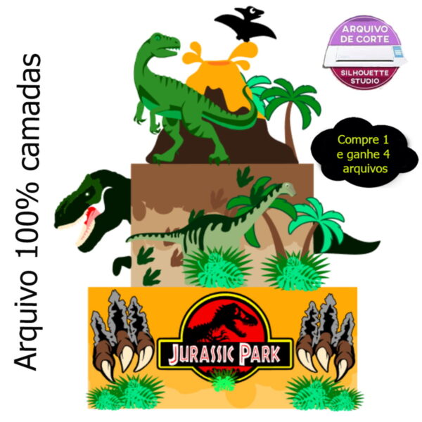 G786 - Topo de Bolo Dinossauro Jurassic Park em Camadas