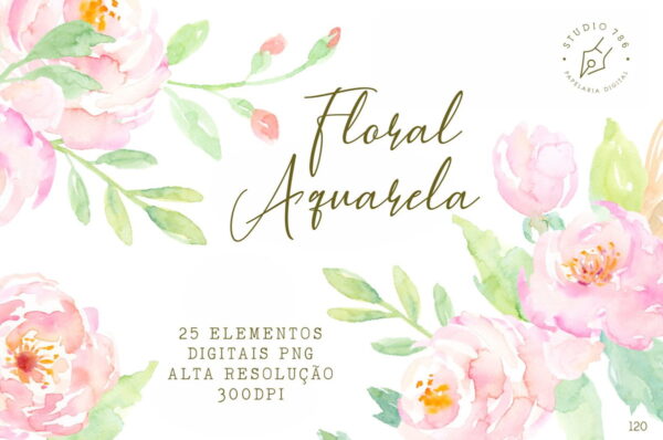 Kit 25 Elementos Digitais Floral Aquarela PNG - Cód. 120