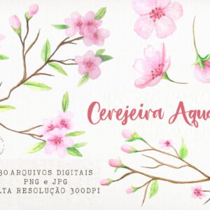 Kit 33 Arquivos Florais Cerejeira Aquarela PNG e JPG - C.187