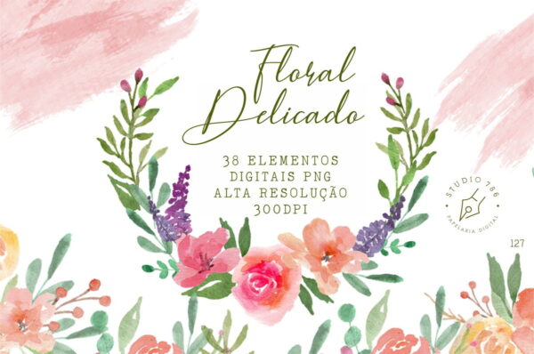 Kit 38 Elementos Digitais Floral Aquarela PNG - Cód. 127