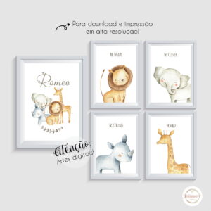 KIT 5 ARTES DIGITAIS - SAFARI AQUARELA COM NOME