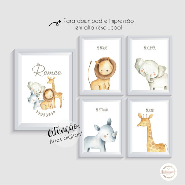 KIT 5 ARTES DIGITAIS - SAFARI AQUARELA COM NOME