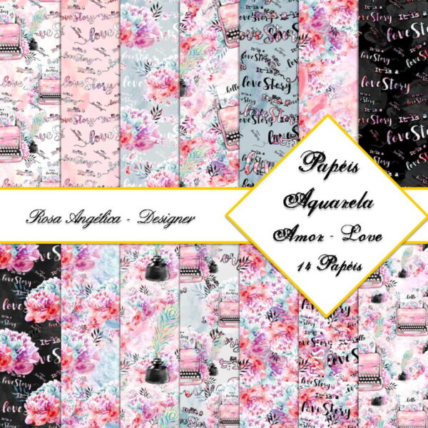 Kit Arquivo Digital Aquarela - Papéis Amor Love 01