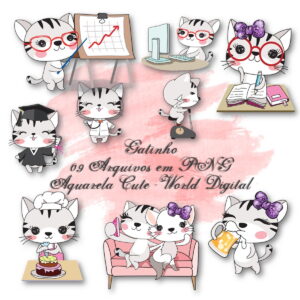 Kit Arquivo Digital em PNG Aquarela Cute Gatinho