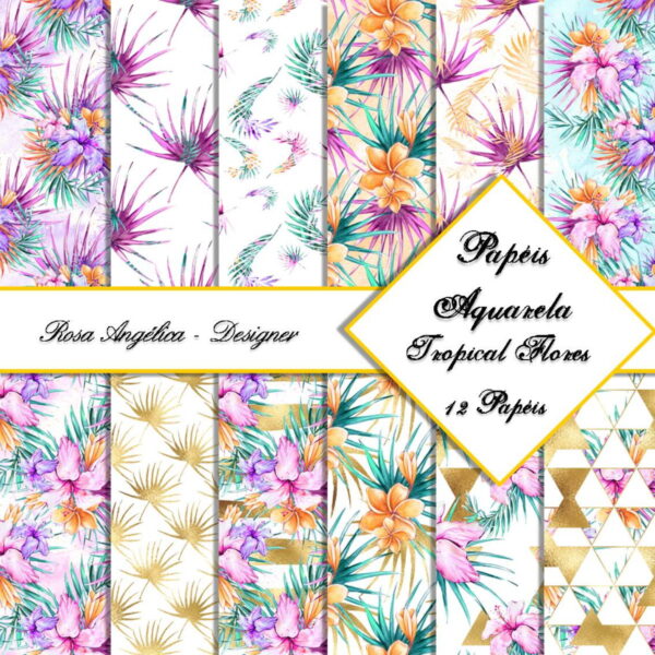 Kit Arquivo Digital Aquarela - Papéis Tropical Flores