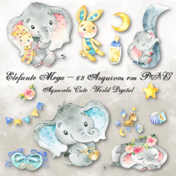 Kit Arquivo Digital em PNG Aquarela Cute Elefante Mega - Imagem 2
