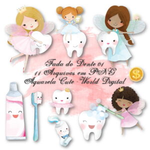 Kit Arquivo Digital em PNG Aquarela Cute Fada do Dente 01