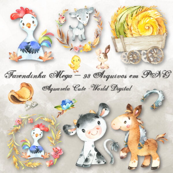 Kit Arquivo Digital em PNG Aquarela Cute Fazendinha Mega - Image 2