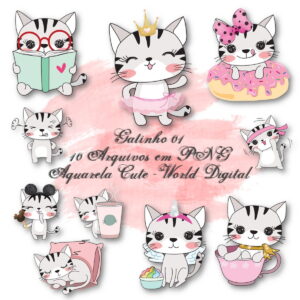 Kit Arquivo Digital em PNG Aquarela Cute Gatinho 01