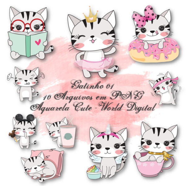 Kit Arquivo Digital em PNG Aquarela Cute Gatinho 01
