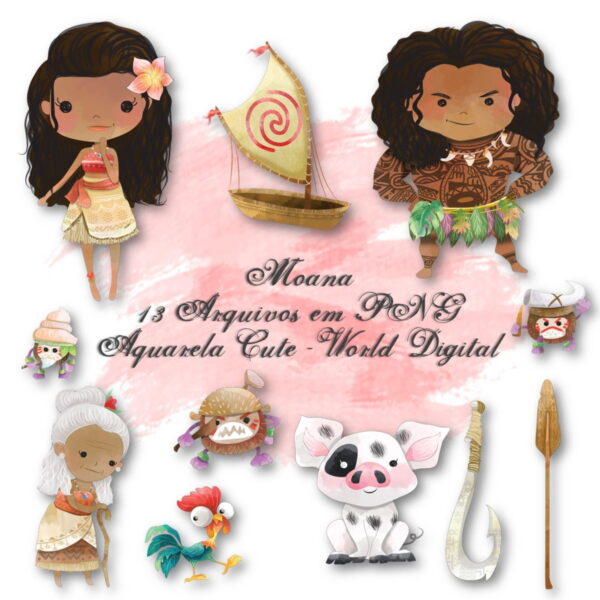 Kit Arquivo Digital em PNG Aquarela Cute Moana