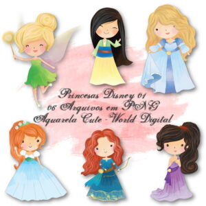 Kit Arquivo Digital em PNG Aquarela Cute Princesas Disney 01