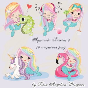 Kit Arquivo Digital em PNG Aquarela Cute Sereias 3