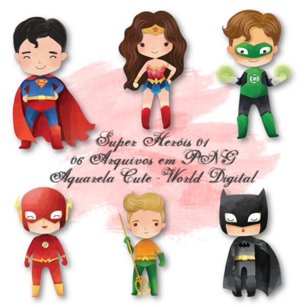 Kit Arquivo Digital em PNG Aquarela Cute Super Heróis 01